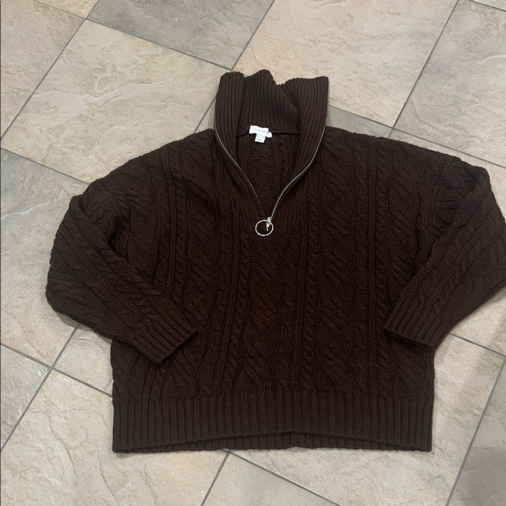 Topshop chocolate Turtleneck Sweater- oversized cable knit half zip sweater